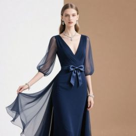 Elegant Navy Blue Evening Gown with Sheer Sleeves & Bow Belt