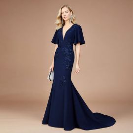 Navy Blue Mermaid Evening Gown: Deep V-Neck, Flutter Sleeves & Floral Embroidery - Elegant Formal Dress for Weddings/Events