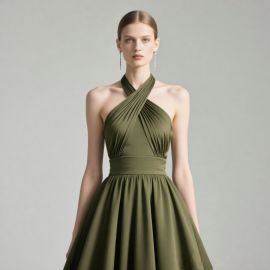 Elegant Olive Green Cross-Neck Halter Gown with A-Line Skirt - Formal Evening Dress