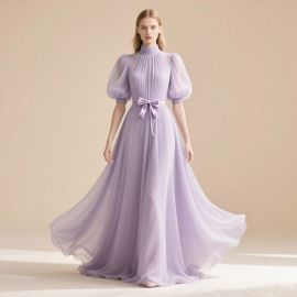 Lavender Elegant Long Dress: Puff Sleeves, Bow Belt, Flowy Skirt for Evening & Wedding
