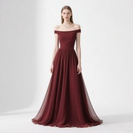 Elegant Burgundy Off - Shoulder Long Gown | Formal Evening Dress