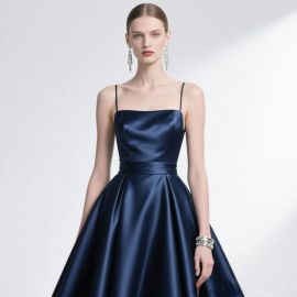 Navy Blue Satin Strapless Ball Gown Dress - Elegant Evening Party Attire