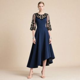 Elegant Navy Blue Asymmetric Midi Dress with Lace Appliqué - Formal Evening Party Gown