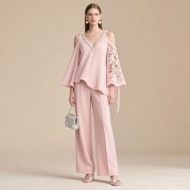 Elegant Pink Off - Shoulder Top & Wide - Leg Pants Set with Lace Details
