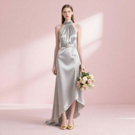 Light Gray Halter Neck Asymmetric Satin Evening Dress - Chic Bridesmaid Gown