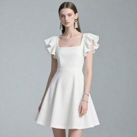 Elegant White Square Neck Dress with Ruffled Sleeves - Summer Chic Style