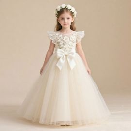 Charming Girls' Floral Embroidery Tulle Gown with Big Bow - Wedding Party Dress