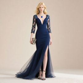 Navy Blue Lace Sleeves Mermaid Prom Dress with High Slit - Formal Evening Gown