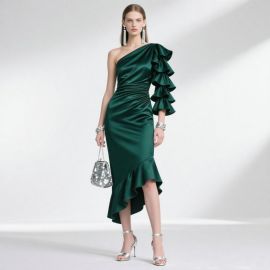 Emerald Green Satin One-Shoulder Ruffled Asymmetric Hem Evening Dress