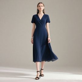 Elegant Navy Blue V-Neck Short Sleeve Midi Dress - Timeless Chic