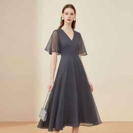 Elegant Dark Gray V-Neck Chiffon Midi Dress with Flutter Sleeves