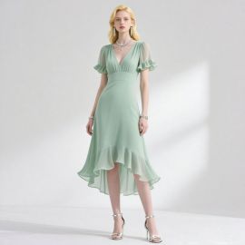 Mint Green V-Neck Ruffled Sleeve High-Low Hem Chiffon Midi Dress - Elegant Party Cocktail Gown