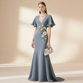 Elegant Blue Evening Gown with Floral Embroidery & Flutter Sleeves