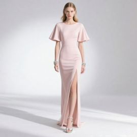 Elegant Blush Pink Gown with Flutter Sleeves & High Slit - Formal Evening Dress