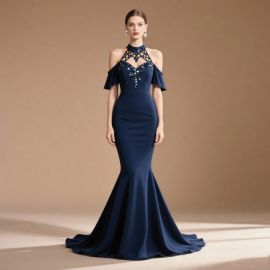 Elegant Navy Blue Off - Shoulder High Neck Beaded Mermaid Evening Gown