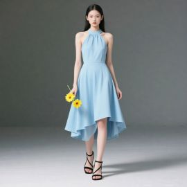 Light Blue High - Neck Sleeveless Asymmetric Hem Dress - Elegant Summer Style