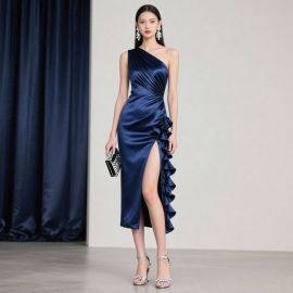 Elegant Navy Blue One - Shoulder Satin Gown with Ruffled Detail & High Slit