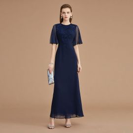 Elegant Navy Blue Lace Maxi Dress with Sheer Sleeves - Formal Evening Gown