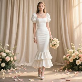 Elegant White Mermaid Dress with Puff Sleeves & Ruffled Hem - Square Neck Bridal/Event Gown