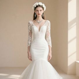 Elegant Lace Long Sleeve Mermaid Wedding Dress with Deep V-Neck