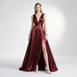 Burgundy Satin Evening Gown: Deep V Neck High Slit - Elegant Formal Dress