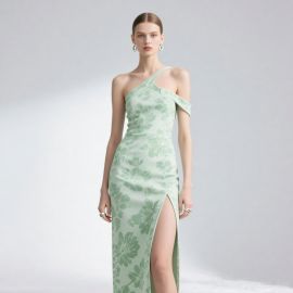 Mint Green One - Shoulder Floral Print High Slit Maxi Dress