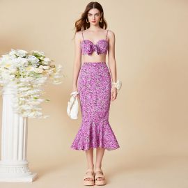 Purple Floral Print Two - Piece Set: Crop Top & Mermaid Skirt Summer Outfit