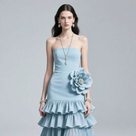 Elegant Light Blue Strapless Dress with Ruffled Skirt & Floral Embellishment