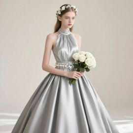 Elegant Silver Satin High Neck Gown with Pearl-Embellished Belt - Formal Evening Dress