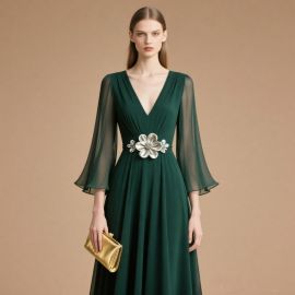 Emerald Green Long Dress: V-Neck, Sheer Sleeves, Floral Waist Belt - Elegant Evening Gown