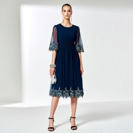 Elegant Navy Blue Midi Dress with Lace Embroidery & Sheer Sleeves
