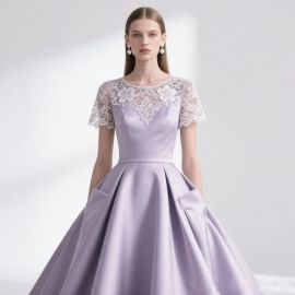 Lavender Lace Ball Gown: Elegant Short-Sleeve Evening Dress with Floral Details