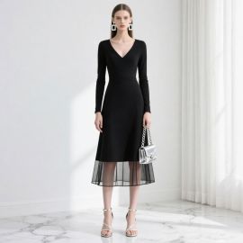 Elegant Black Long Sleeve V-Neck Midi Dress with Mesh Hem - Chic Formal Style