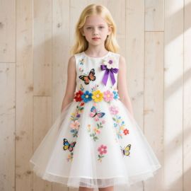 Kids Girls White Sleeveless Dress with Butterfly Flower Embroidery Tulle Skirt & Purple Bow