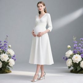 Elegant Maternity White Dress V-Neck 3/4 Sleeve A-Line Gown