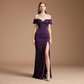 Elegant Purple Off - Shoulder Evening Gown with High Slit Design