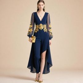 Navy Blue Jumpsuit: Gold Embroidered Waist/Sheer Sleeves/High Slit - Elegant Evening Look