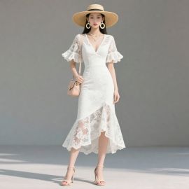 Chic White Lace Midi Dress - V-Neck Ruffled Sleeves Asymmetrical Hem Elegant Look