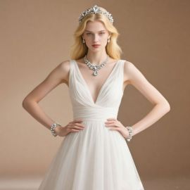 Elegant Deep V-Neck A-Line Wedding Dress & Luxury Bridal Jewelry Set