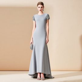 Elegant Light Gray High-Low Hem Embroidered Sleeve Evening Gown for Formal Occasions