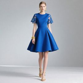 Elegant Royal Blue A - Line Dress with Lace Sleeves for Women