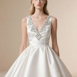 Elegant White Beaded V-Neck A-Line Wedding Dress - Bridal Gown with Sparkling Embellishments