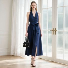 Elegant Navy Blue Halter Neck Midi Dress with Bow Belt & Side Slit - Chic Summer Style for Women