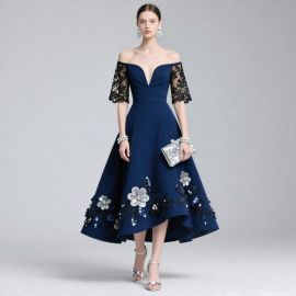 Elegant Navy Blue Off - Shoulder Gown with Lace Sleeves & Embroidered Floral Sequins