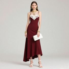 Burgundy Spaghetti Strap Dress with White Lace & Asymmetric Hem - Chic Evening Gown