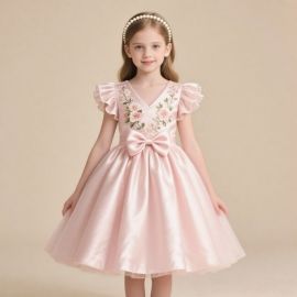 Elegant Girls Pink Satin Dress: Floral Embroidery, Big Bow, V-Neck Ruffle Sleeves - Party/Wedding Wear