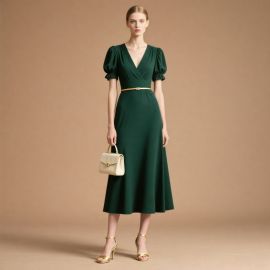 Elegant Deep Green V - Neck Puff Sleeve Midi Dress with Waist Belt