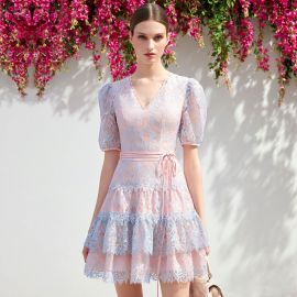 Pastel Pink & Blue Lace V-Neck Puff Sleeve Tiered Dress with Belt
