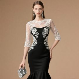 Elegant Black Mermaid Gown with White Lace & Sheer Sleeves - Formal Evening Dress
