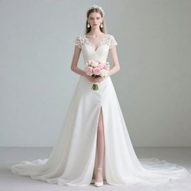 Elegant White Wedding Dress: Lace Cap Sleeves, Deep V-Neck, Front Slit Bridal Gown